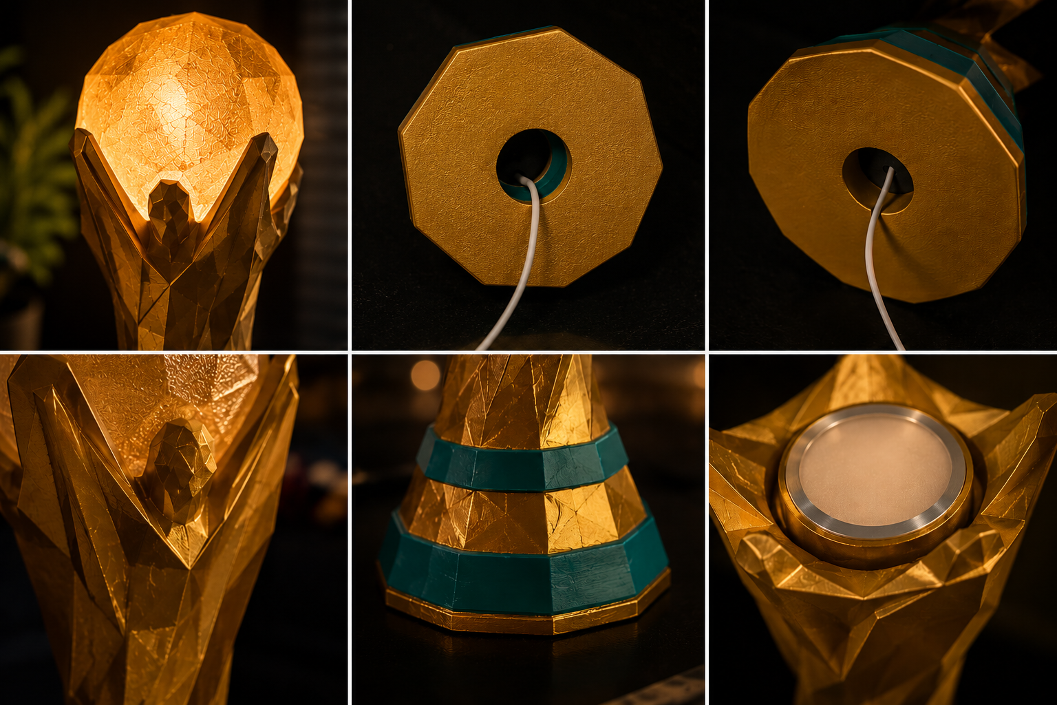 Detail shots — top globe, base, and lateral views