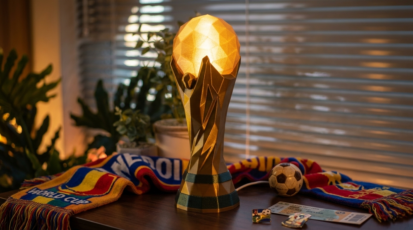 The Trophy Lamp — World Cup 2026 Edition glowing on a desk